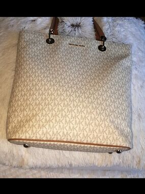 Michael Kors Cream Signature MK Logo Tote with Tan Trim